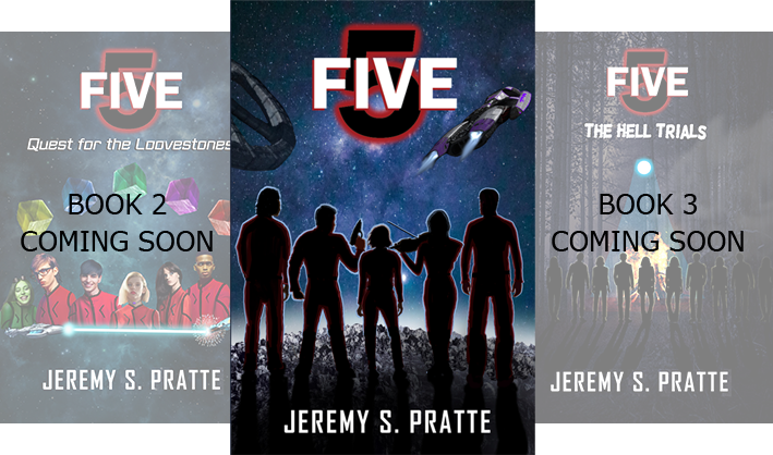 Covers of the first three Fiveverse books, with the first book, Five, in the center